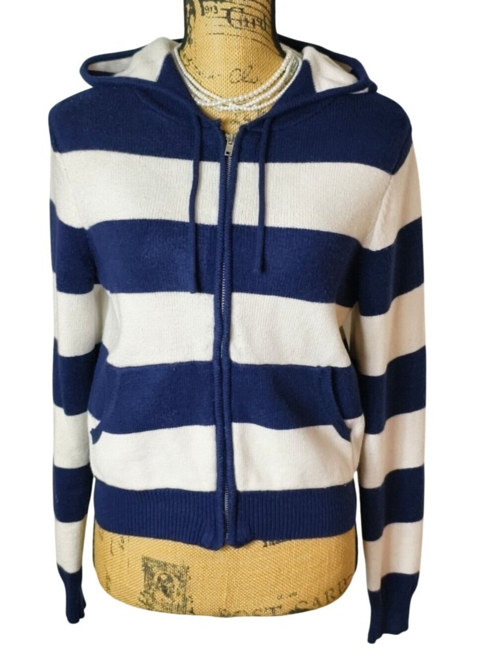 Sweet Republic Womens L Zip-Up Hoodie Sweater Striped Pockets Nautical Edgy
